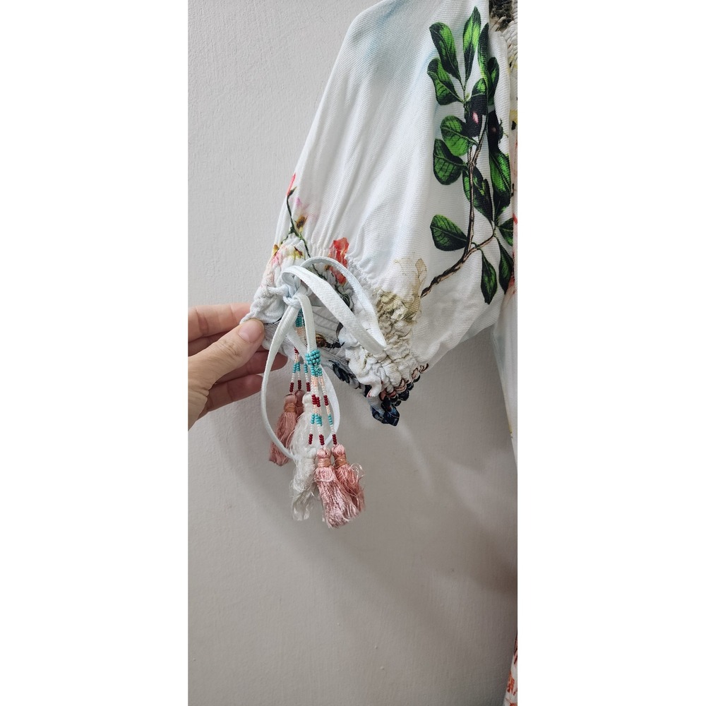 Hemant and Nandita Floral Tiered Mini Dress Smocked Waist Beaded Tassels Small - Picture 5 of 14